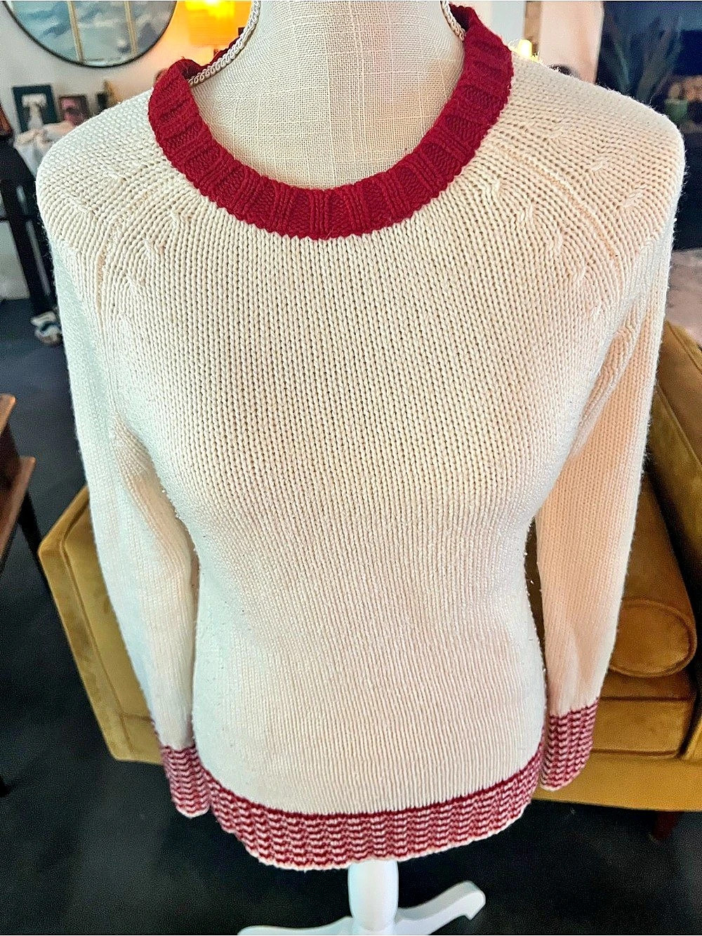 Grane Knit Crew Neck Sweater White & Red Size Medium